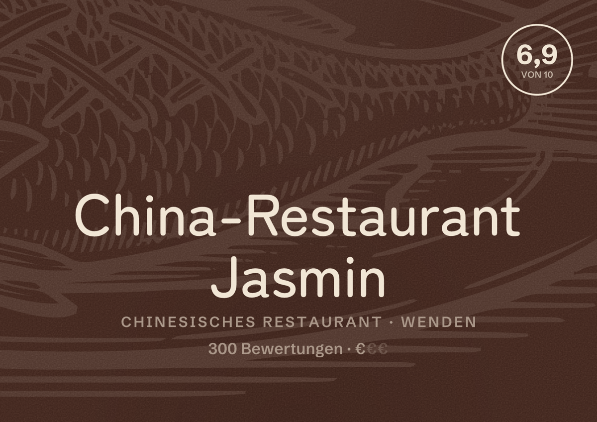 Illustriertes Poster von China-Restaurant Jasmin, Chinesisches Restaurant in Wenden: Bewertung 6,9 von 10 aus 300 Bewertungen, Preisniveau €