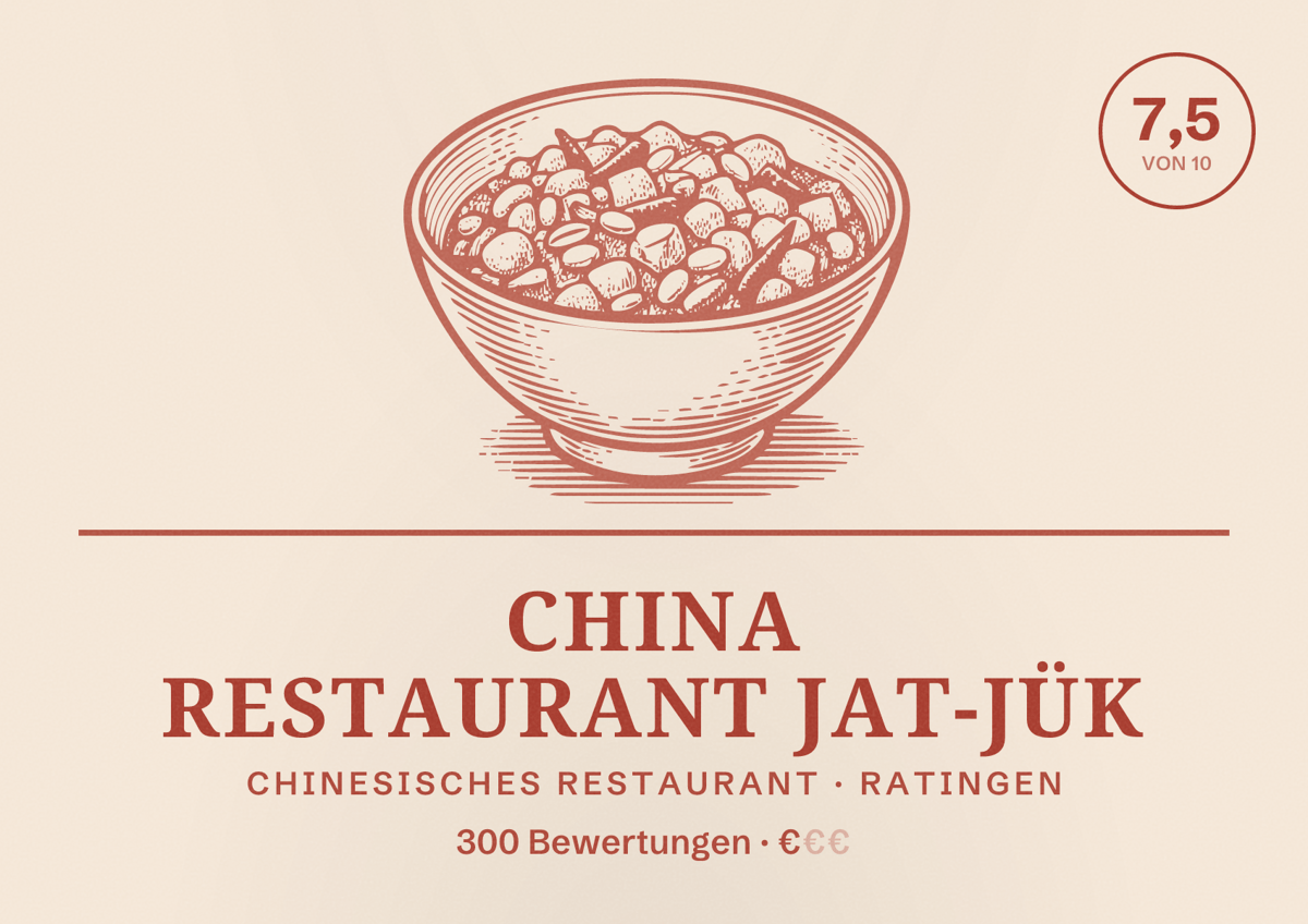 Illustriertes Poster von China Restaurant Jat-Jük, Chinesisches Restaurant in Ratingen: Bewertung 7,5 von 10 aus 300 Bewertungen, Preisniveau €