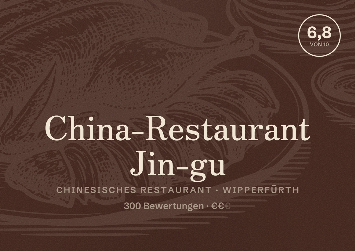 Illustriertes Poster von China-Restaurant Jin-gu, Chinesisches Restaurant in Wipperfürth: Bewertung 6,8 von 10 aus 300 Bewertungen, Preisniveau €€