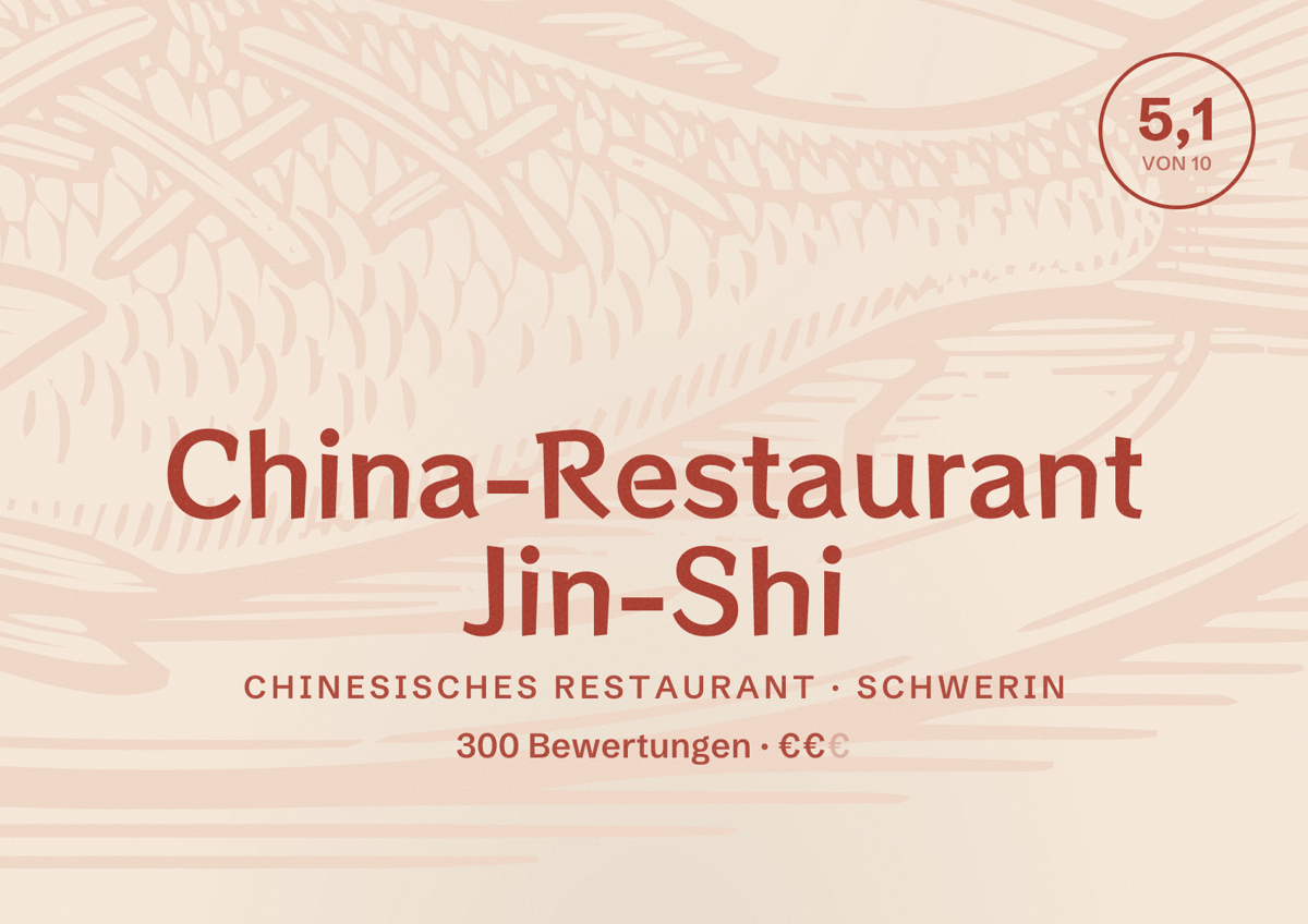 Illustriertes Poster von China-Restaurant Jin-Shi, Chinesisches Restaurant in Schwerin: Bewertung 5,1 von 10 aus 300 Bewertungen, Preisniveau €€