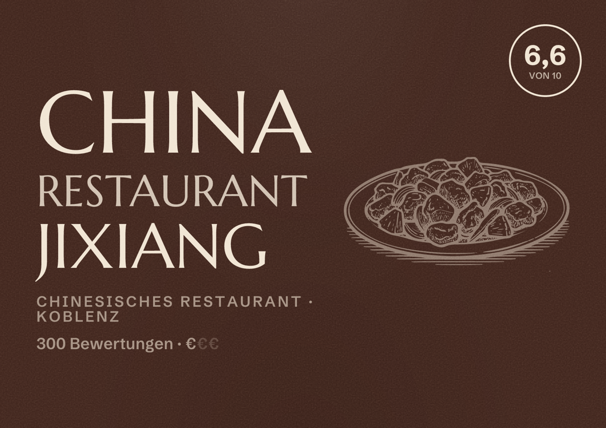 Illustriertes Poster von China Restaurant Jixiang, Chinesisches Restaurant in Koblenz: Bewertung 6,6 von 10 aus 300 Bewertungen, Preisniveau €