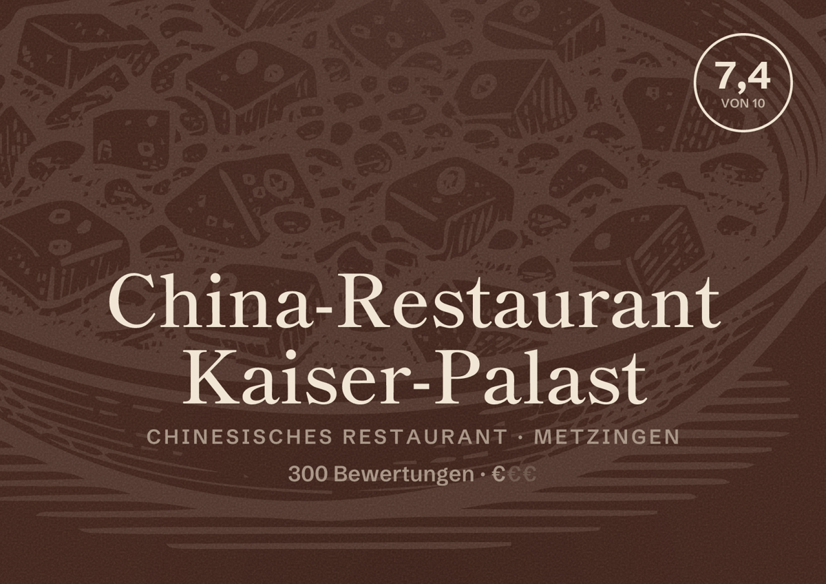 Illustriertes Poster von China-Restaurant Kaiser-Palast, Chinesisches Restaurant in Metzingen: Bewertung 7,4 von 10 aus 300 Bewertungen, Preisniveau €