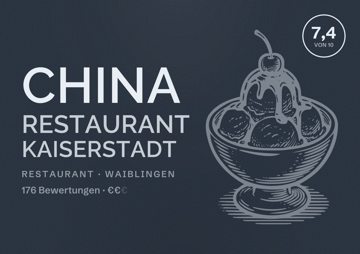 Illustriertes Poster von China Restaurant Kaiserstadt, Restaurant in Waiblingen: Bewertung 7,4 von 10 aus 176 Bewertungen, Preisniveau €€