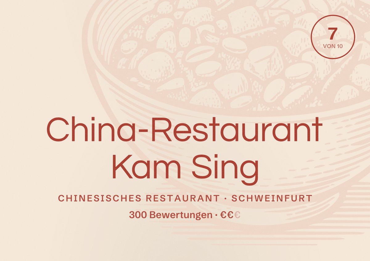 Illustriertes Poster von China-Restaurant Kam Sing, Chinesisches Restaurant in Schweinfurt: Bewertung 7 von 10 aus 300 Bewertungen, Preisniveau €€