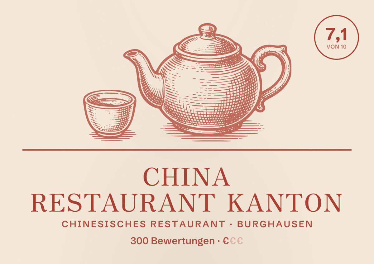 Illustriertes Poster von China Restaurant Kanton, Chinesisches Restaurant in Burghausen: Bewertung 7,1 von 10 aus 300 Bewertungen, Preisniveau €