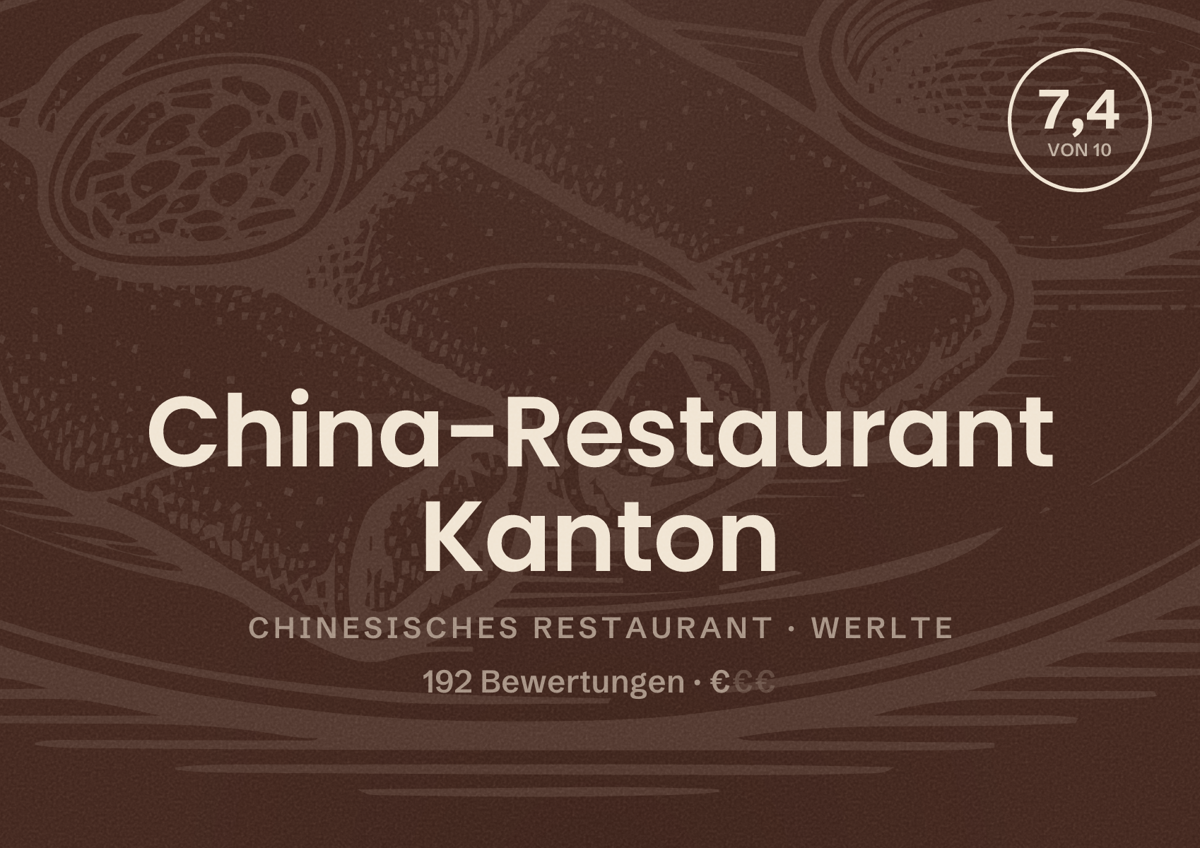 Illustriertes Poster von China-Restaurant Kanton, Chinesisches Restaurant in Werlte: Bewertung 7,4 von 10 aus 192 Bewertungen, Preisniveau €