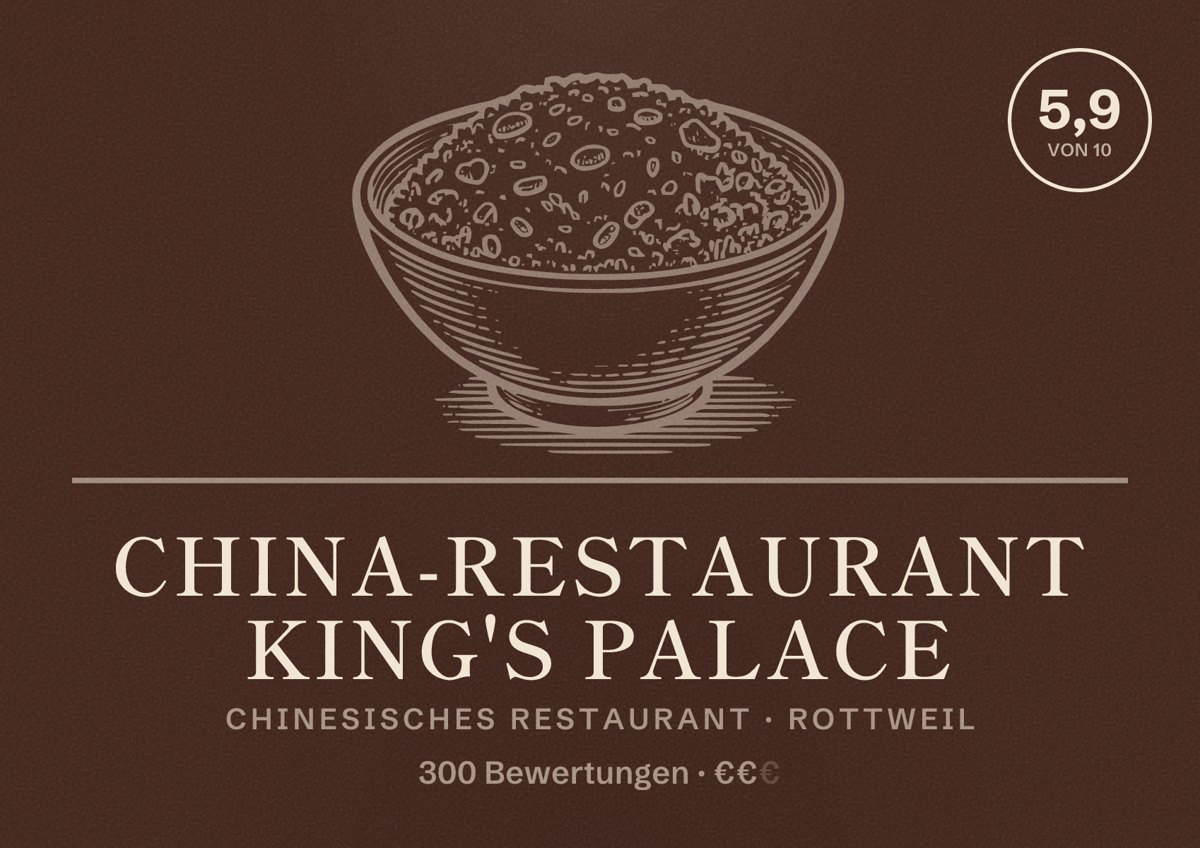 Illustriertes Poster von China-Restaurant King's Palace, Chinesisches Restaurant in Rottweil: Bewertung 5,9 von 10 aus 300 Bewertungen, Preisniveau €€