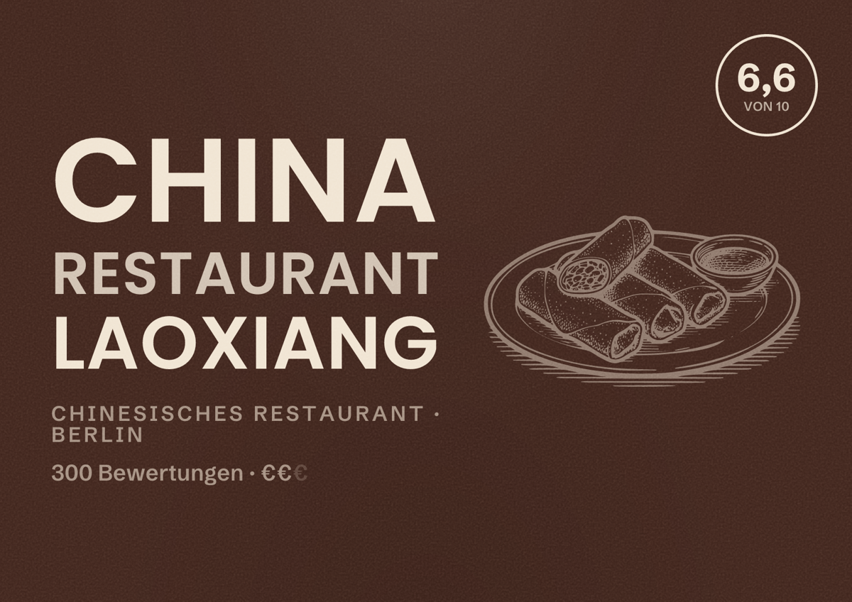 Illustriertes Poster von China Restaurant Laoxiang, Chinesisches Restaurant in Berlin: Bewertung 6,6 von 10 aus 300 Bewertungen, Preisniveau €€