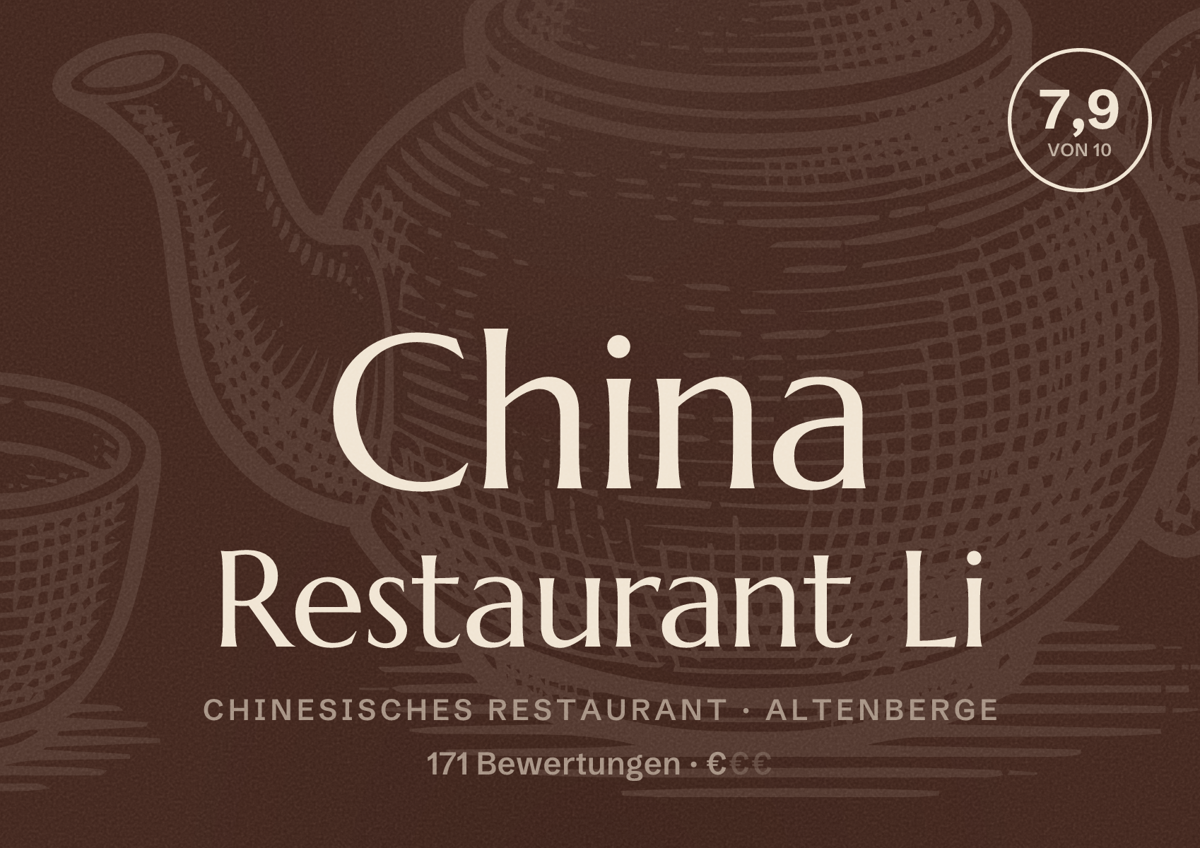 Illustriertes Poster von China Restaurant Li, Chinesisches Restaurant in Altenberge: Bewertung 7,9 von 10 aus 171 Bewertungen, Preisniveau €