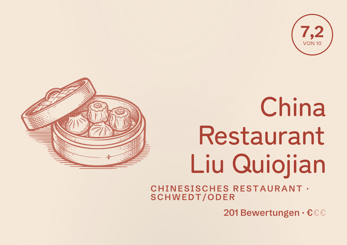 Illustriertes Poster von China Restaurant Liu Quiojian, Chinesisches Restaurant in Schwedt/Oder: Bewertung 7,2 von 10 aus 201 Bewertungen, Preisniveau €