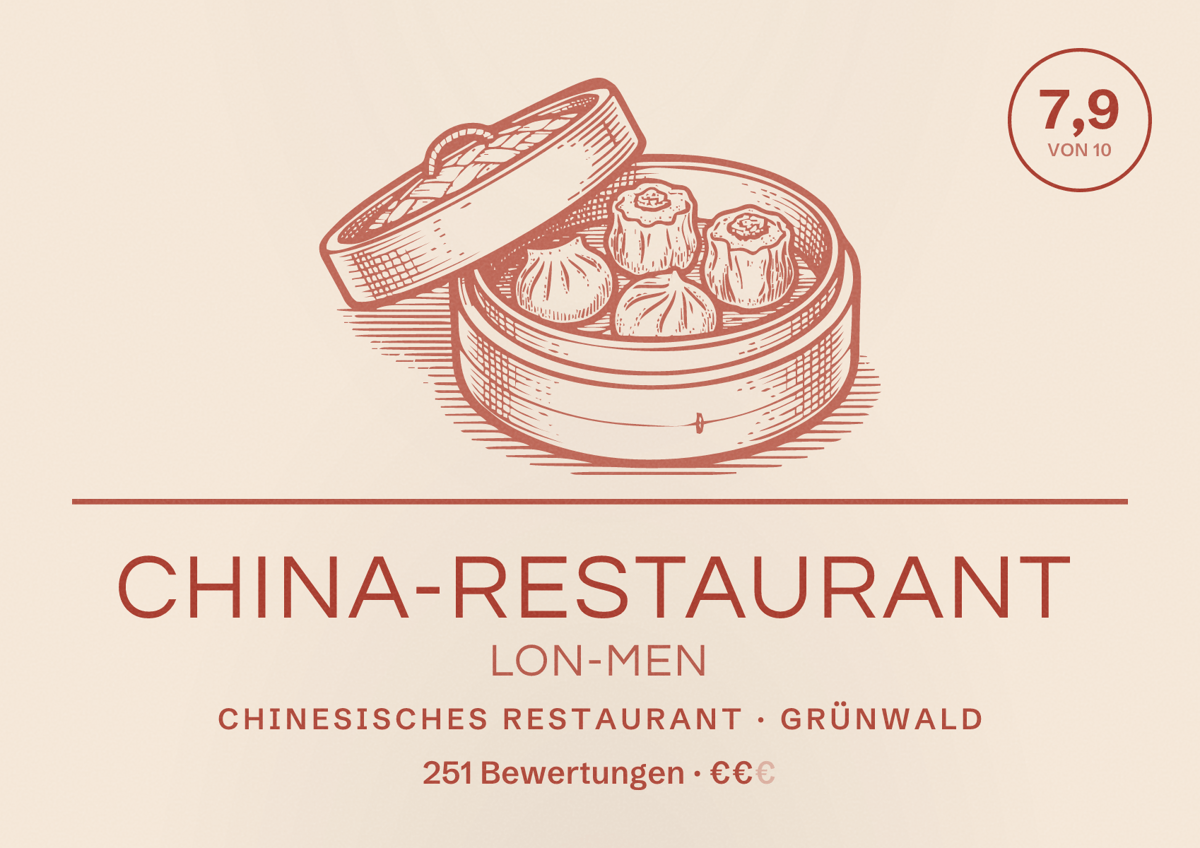Illustriertes Poster von China-Restaurant Lon-Men, Chinesisches Restaurant in Grünwald: Bewertung 7,9 von 10 aus 251 Bewertungen, Preisniveau €€