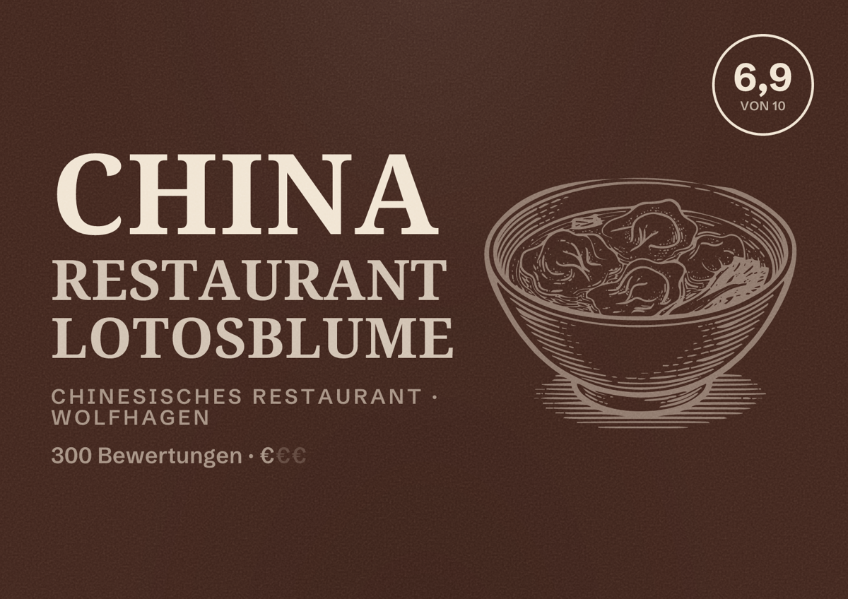 Illustriertes Poster von China Restaurant Lotosblume, Chinesisches Restaurant in Wolfhagen: Bewertung 6,9 von 10 aus 300 Bewertungen, Preisniveau €
