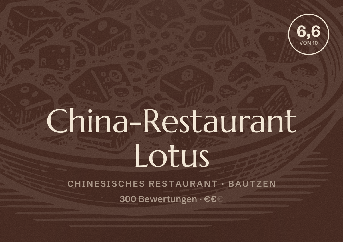 Illustriertes Poster von China-Restaurant Lotus, Chinesisches Restaurant in Bautzen: Bewertung 6,6 von 10 aus 300 Bewertungen, Preisniveau €€