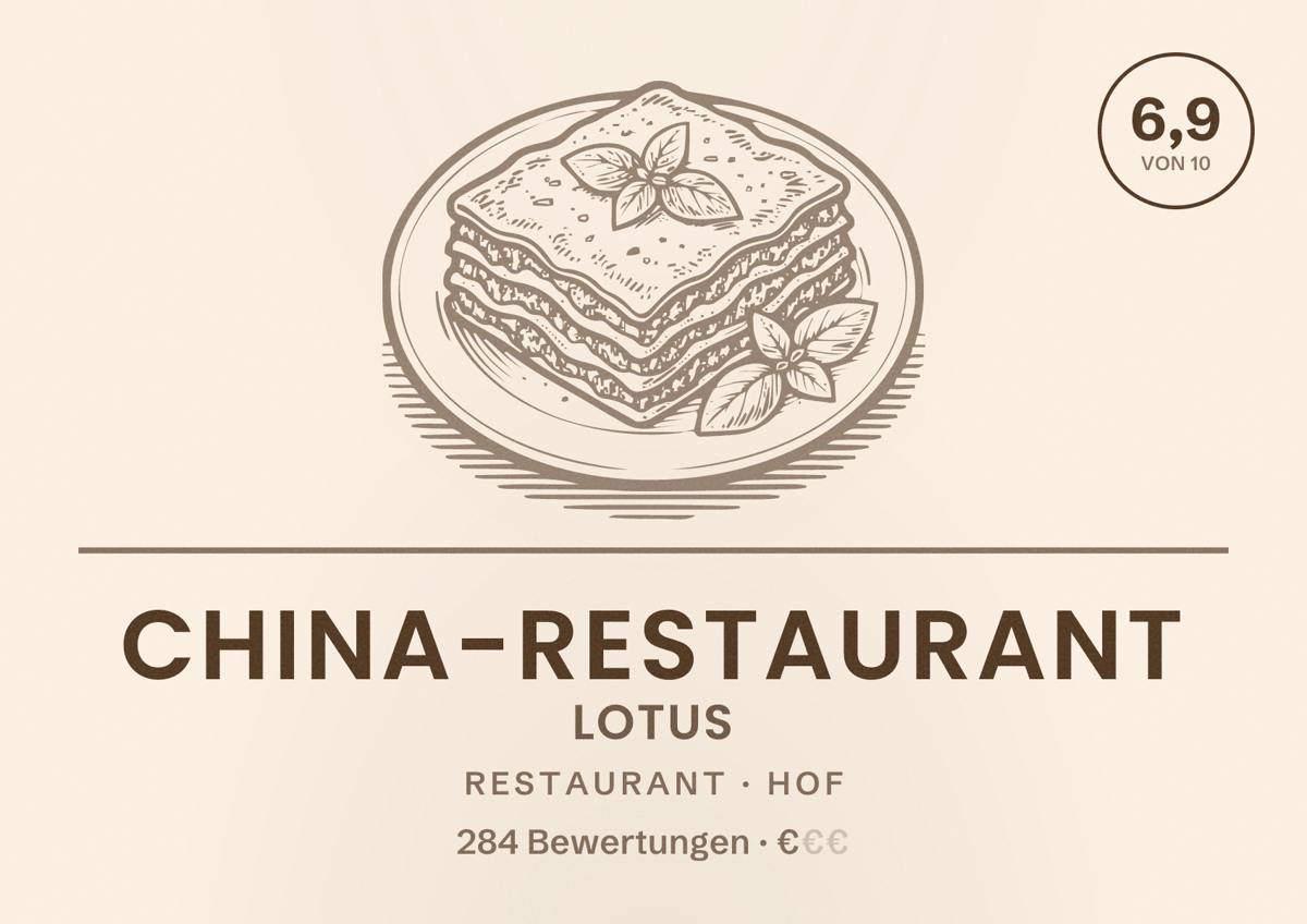 Illustriertes Poster von China-Restaurant Lotus, Restaurant in Hof: Bewertung 6,9 von 10 aus 284 Bewertungen, Preisniveau €