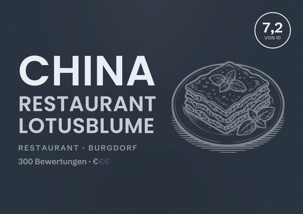 Illustriertes Poster von China Restaurant Lotusblume, Restaurant in Burgdorf: Bewertung 7,2 von 10 aus 300 Bewertungen, Preisniveau €
