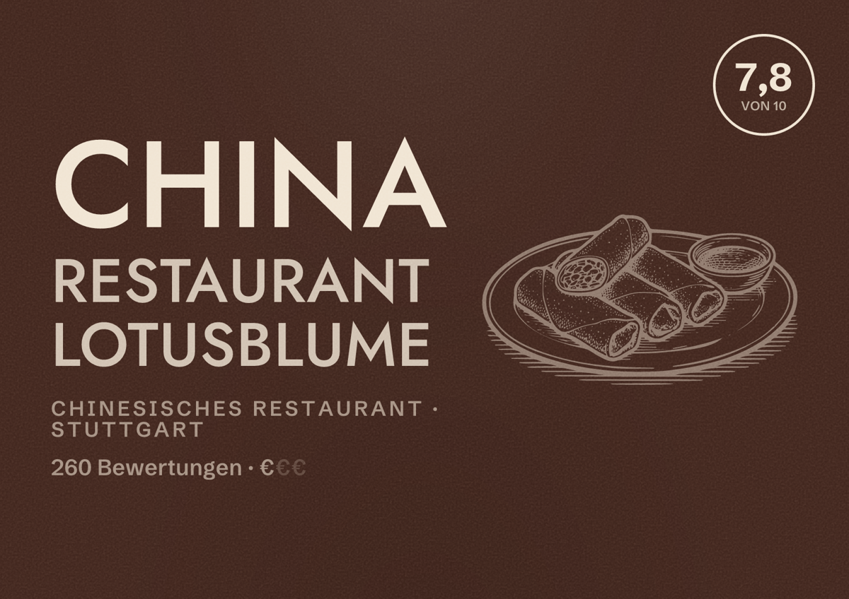 Illustriertes Poster von China Restaurant Lotusblume, Chinesisches Restaurant in Stuttgart: Bewertung 7,8 von 10 aus 260 Bewertungen, Preisniveau €