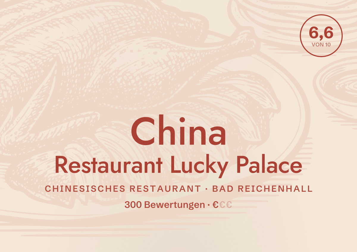 Illustriertes Poster von China Restaurant Lucky Palace, Chinesisches Restaurant in Bad Reichenhall: Bewertung 6,6 von 10 aus 300 Bewertungen, Preisniveau €
