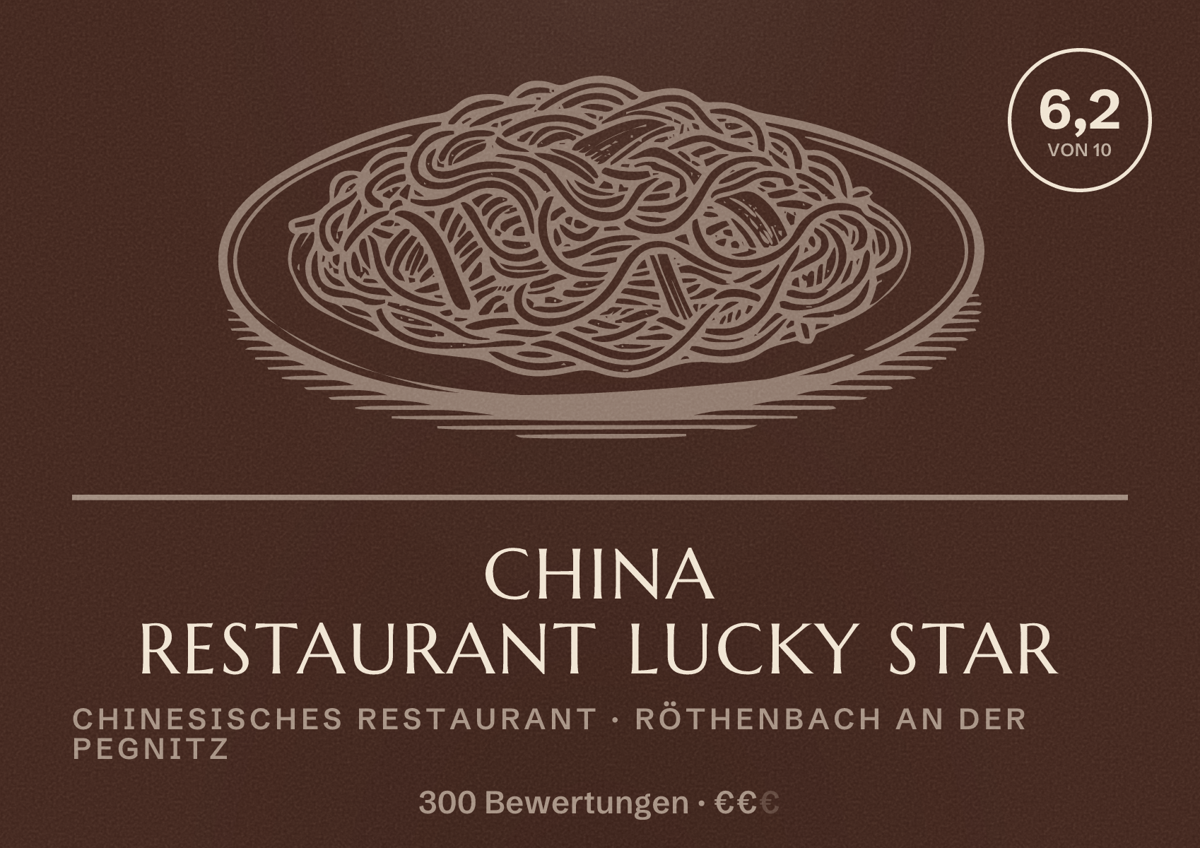 Illustriertes Poster von China Restaurant Lucky Star, Chinesisches Restaurant in Röthenbach an der Pegnitz: Bewertung 6,2 von 10 aus 300 Bewertungen, Preisniveau €€
