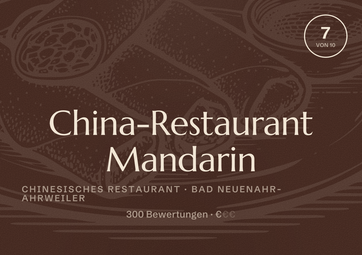 Illustriertes Poster von China-Restaurant Mandarin, Chinesisches Restaurant in Bad Neuenahr-Ahrweiler: Bewertung 7 von 10 aus 300 Bewertungen, Preisniveau €