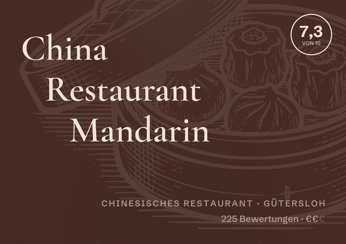 Illustriertes Poster von China Restaurant Mandarin, Chinesisches Restaurant in Gütersloh: Bewertung 7,3 von 10 aus 225 Bewertungen, Preisniveau €€