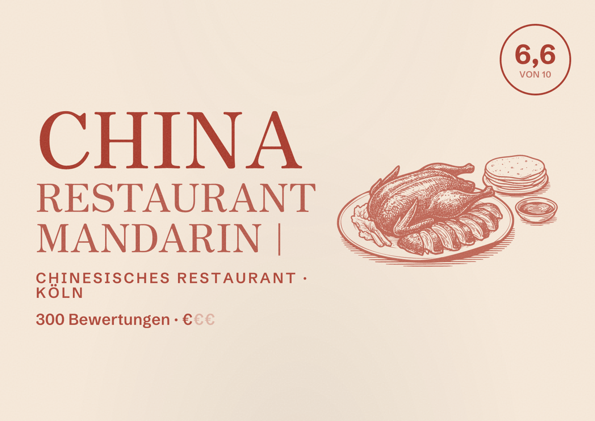 Illustriertes Poster von China Restaurant Mandarin |, Chinesisches Restaurant in Köln: Bewertung 6,6 von 10 aus 300 Bewertungen, Preisniveau €