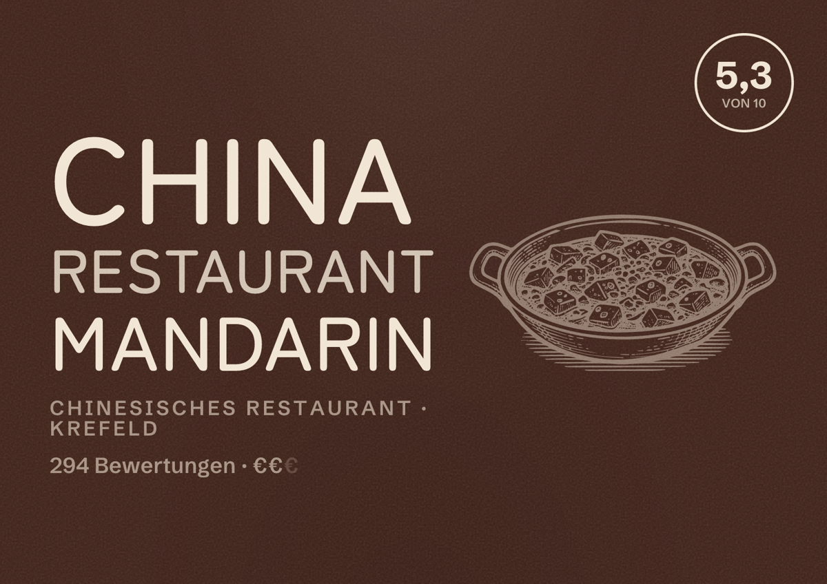 Illustriertes Poster von China Restaurant Mandarin, Chinesisches Restaurant in Krefeld: Bewertung 5,3 von 10 aus 294 Bewertungen, Preisniveau €€