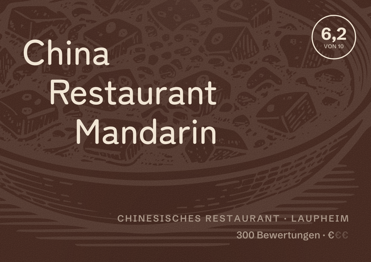 Illustriertes Poster von China Restaurant Mandarin, Chinesisches Restaurant in Laupheim: Bewertung 6,2 von 10 aus 300 Bewertungen, Preisniveau €