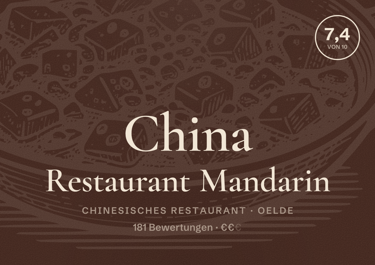 Illustriertes Poster von China Restaurant Mandarin, Chinesisches Restaurant in Oelde: Bewertung 7,4 von 10 aus 181 Bewertungen, Preisniveau €€