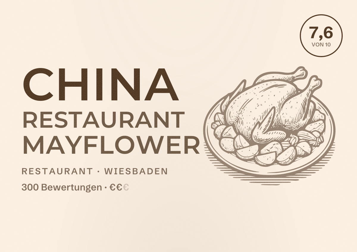 Illustriertes Poster von China Restaurant Mayflower, Restaurant in Wiesbaden: Bewertung 7,6 von 10 aus 300 Bewertungen, Preisniveau €€
