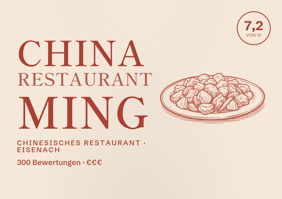 Illustriertes Poster von China Restaurant Ming, Chinesisches Restaurant in Eisenach: Bewertung 7,2 von 10 aus 300 Bewertungen, Preisniveau €€€