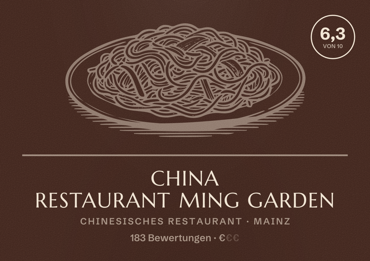 Illustriertes Poster von China Restaurant Ming Garden, Chinesisches Restaurant in Mainz: Bewertung 6,3 von 10 aus 183 Bewertungen, Preisniveau €
