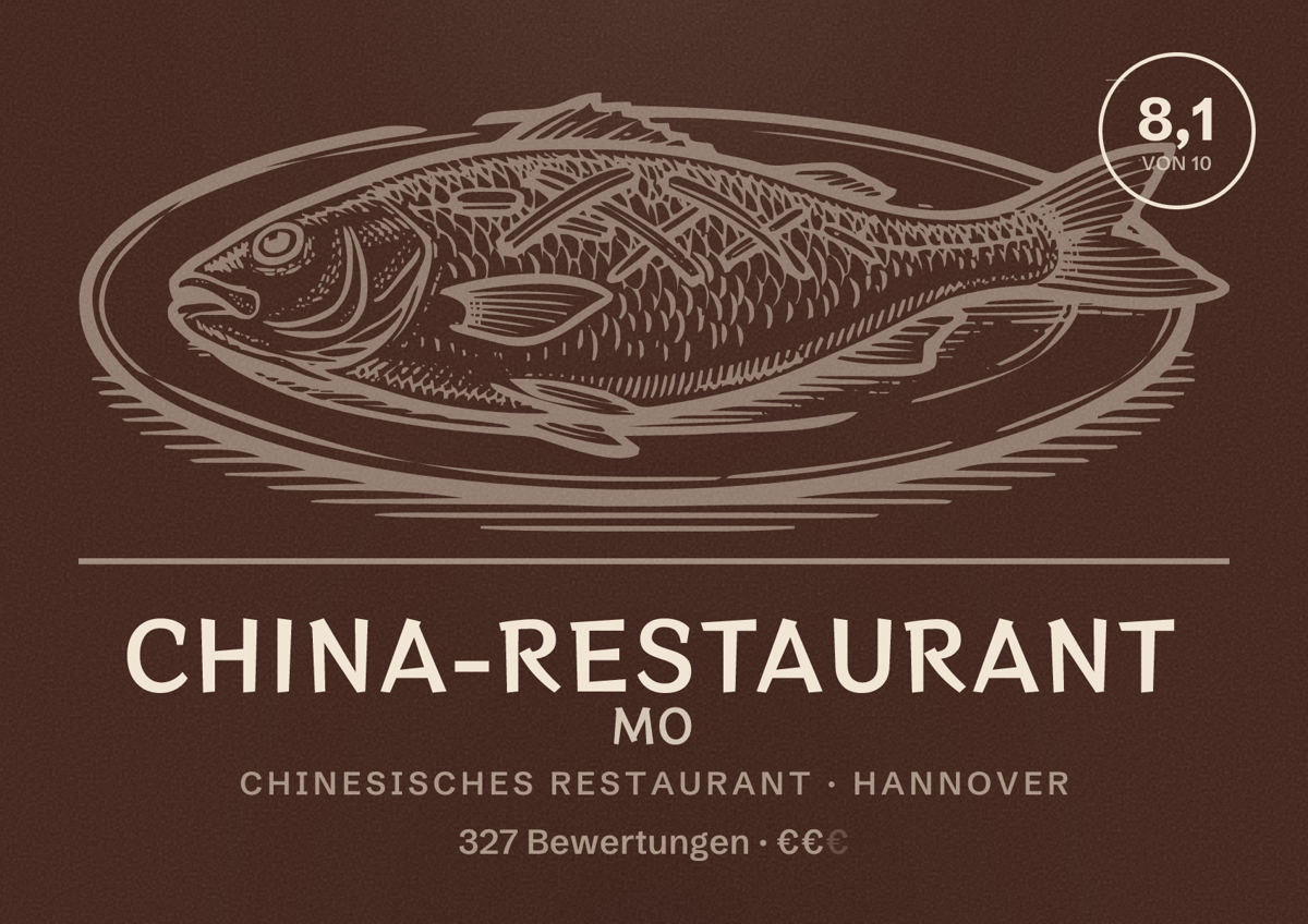 Illustriertes Poster von China-Restaurant Mo, Chinesisches Restaurant in Hannover: Bewertung 8,1 von 10 aus 327 Bewertungen, Preisniveau €€