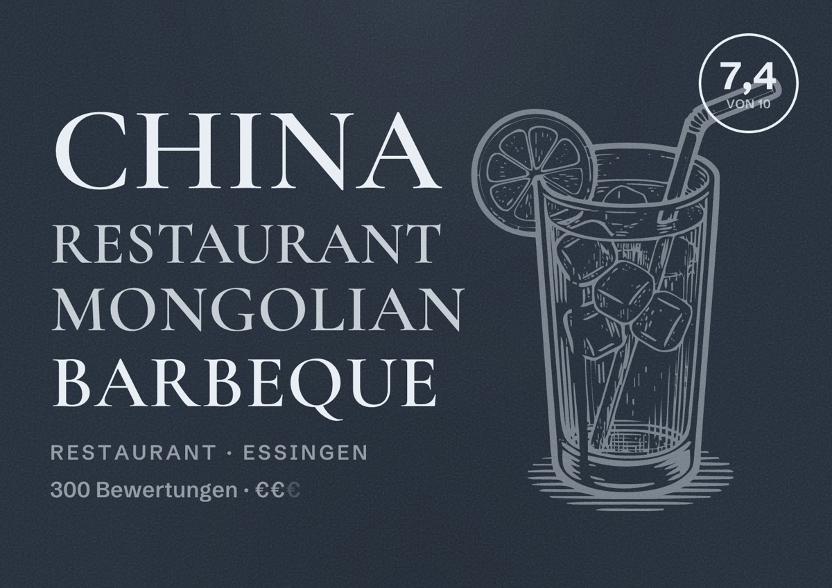 Illustriertes Poster von China Restaurant Mongolian Barbeque, Restaurant in Essingen: Bewertung 7,4 von 10 aus 300 Bewertungen, Preisniveau €€
