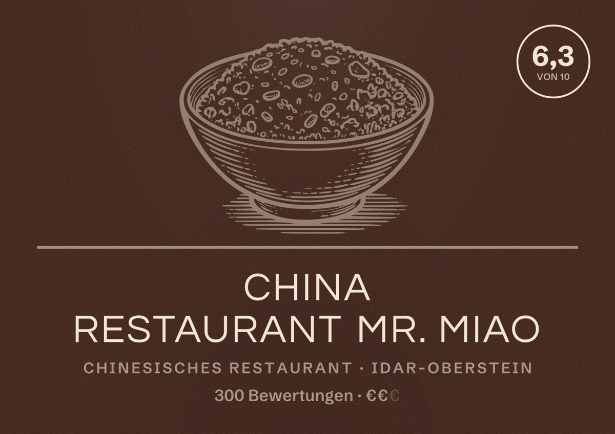 Illustriertes Poster von China Restaurant Mr. Miao, Chinesisches Restaurant in Idar-Oberstein: Bewertung 6,3 von 10 aus 300 Bewertungen, Preisniveau €€