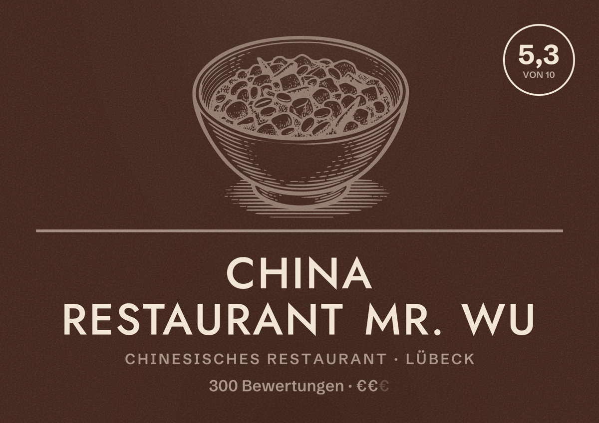 Illustriertes Poster von China Restaurant Mr. Wu, Chinesisches Restaurant in Lübeck: Bewertung 5,3 von 10 aus 300 Bewertungen, Preisniveau €€