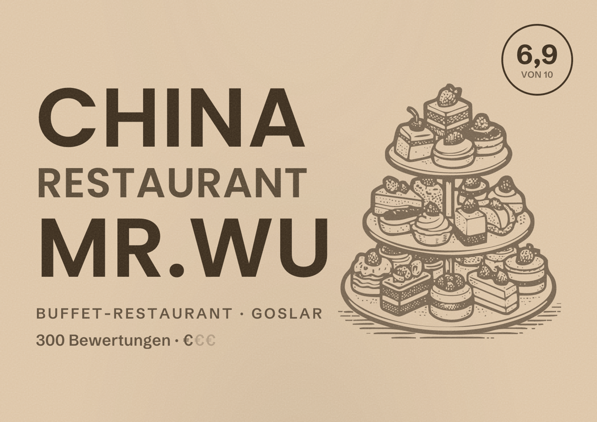 Illustriertes Poster von China Restaurant Mr.Wu, Buffet-Restaurant in Goslar: Bewertung 6,9 von 10 aus 300 Bewertungen, Preisniveau €