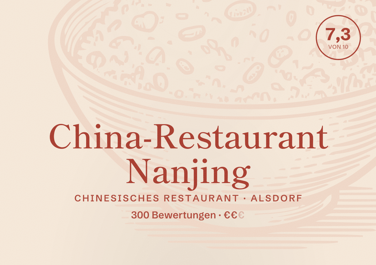 Illustriertes Poster von China-Restaurant Nanjing, Chinesisches Restaurant in Alsdorf: Bewertung 7,3 von 10 aus 300 Bewertungen, Preisniveau €€