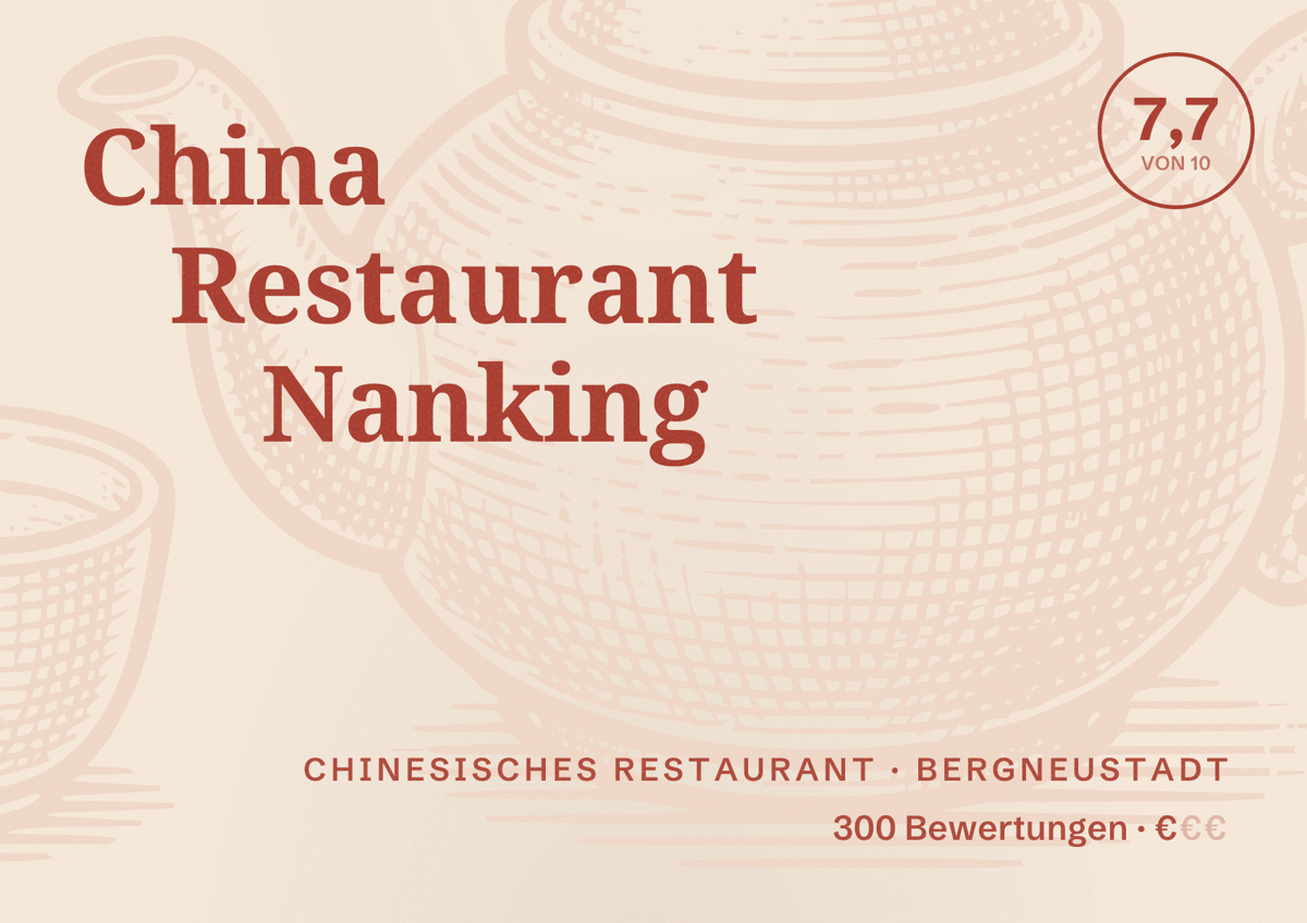 Illustriertes Poster von China Restaurant Nanking, Chinesisches Restaurant in Bergneustadt: Bewertung 7,7 von 10 aus 300 Bewertungen, Preisniveau €