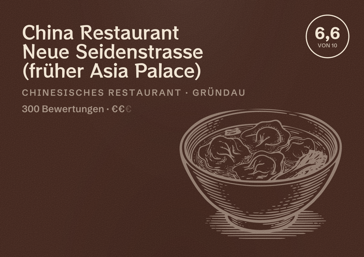 Illustriertes Poster von China Restaurant Neue Seidenstrasse (früher Asia Palace), Chinesisches Restaurant in Gründau: Bewertung 6,6 von 10 aus 300 Bewertungen, Preisniveau €€