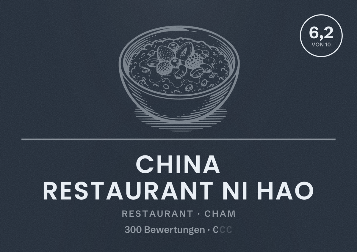 Illustriertes Poster von China Restaurant Ni Hao, Restaurant in Cham: Bewertung 6,2 von 10 aus 300 Bewertungen, Preisniveau €