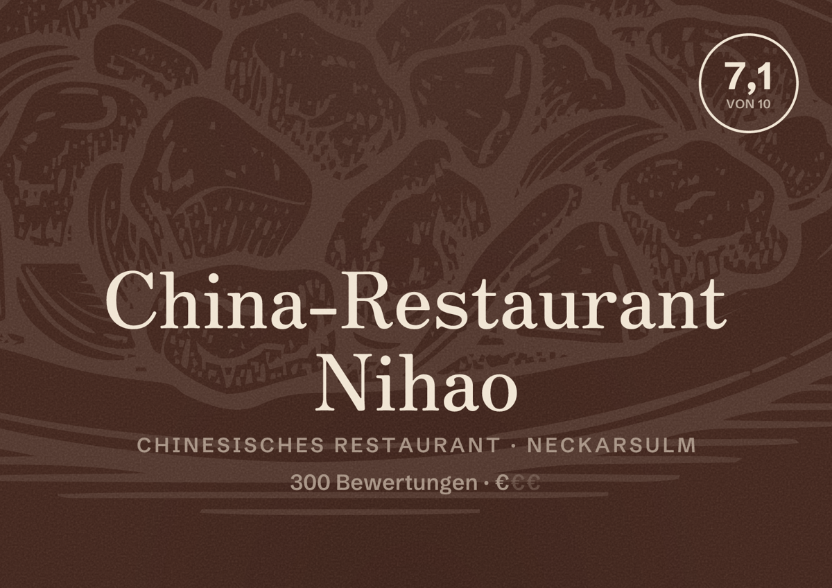Illustriertes Poster von China-Restaurant Nihao, Chinesisches Restaurant in Neckarsulm: Bewertung 7,1 von 10 aus 300 Bewertungen, Preisniveau €