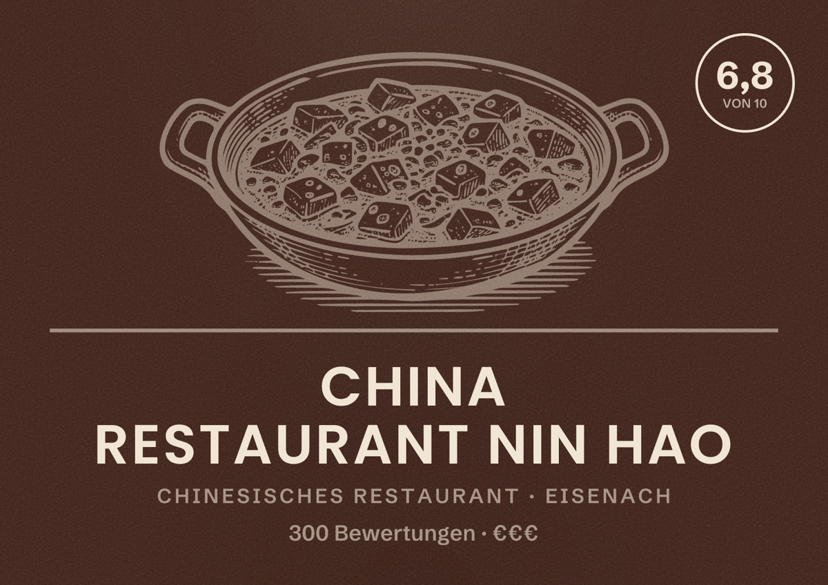 Illustriertes Poster von China Restaurant Nin Hao, Chinesisches Restaurant in Eisenach: Bewertung 6,8 von 10 aus 300 Bewertungen, Preisniveau €€€