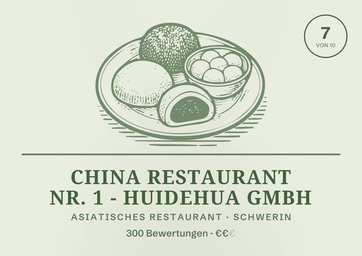 Illustriertes Poster von China Restaurant Nr. 1 - Huidehua GmbH, Asiatisches Restaurant in Schwerin: Bewertung 7 von 10 aus 300 Bewertungen, Preisniveau €€