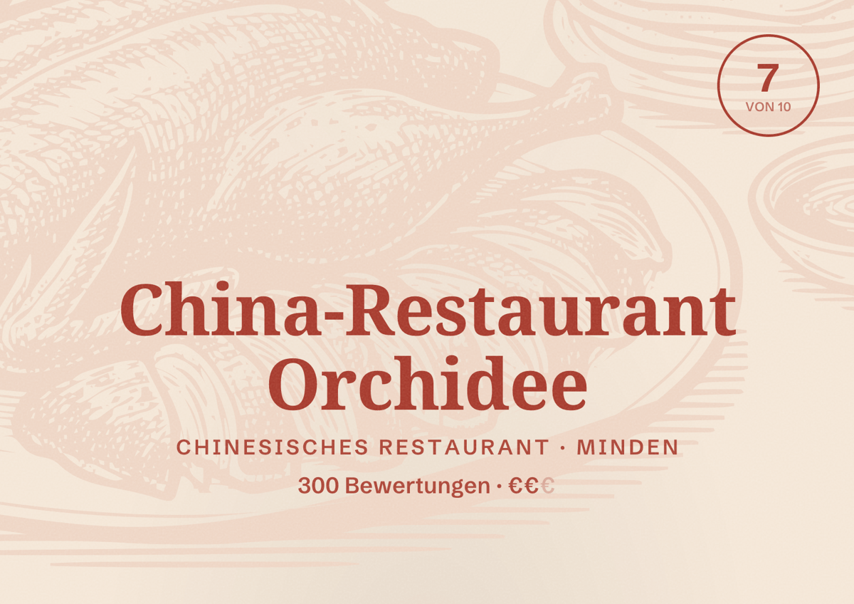 Illustriertes Poster von China-Restaurant Orchidee, Chinesisches Restaurant in Minden: Bewertung 7 von 10 aus 300 Bewertungen, Preisniveau €€