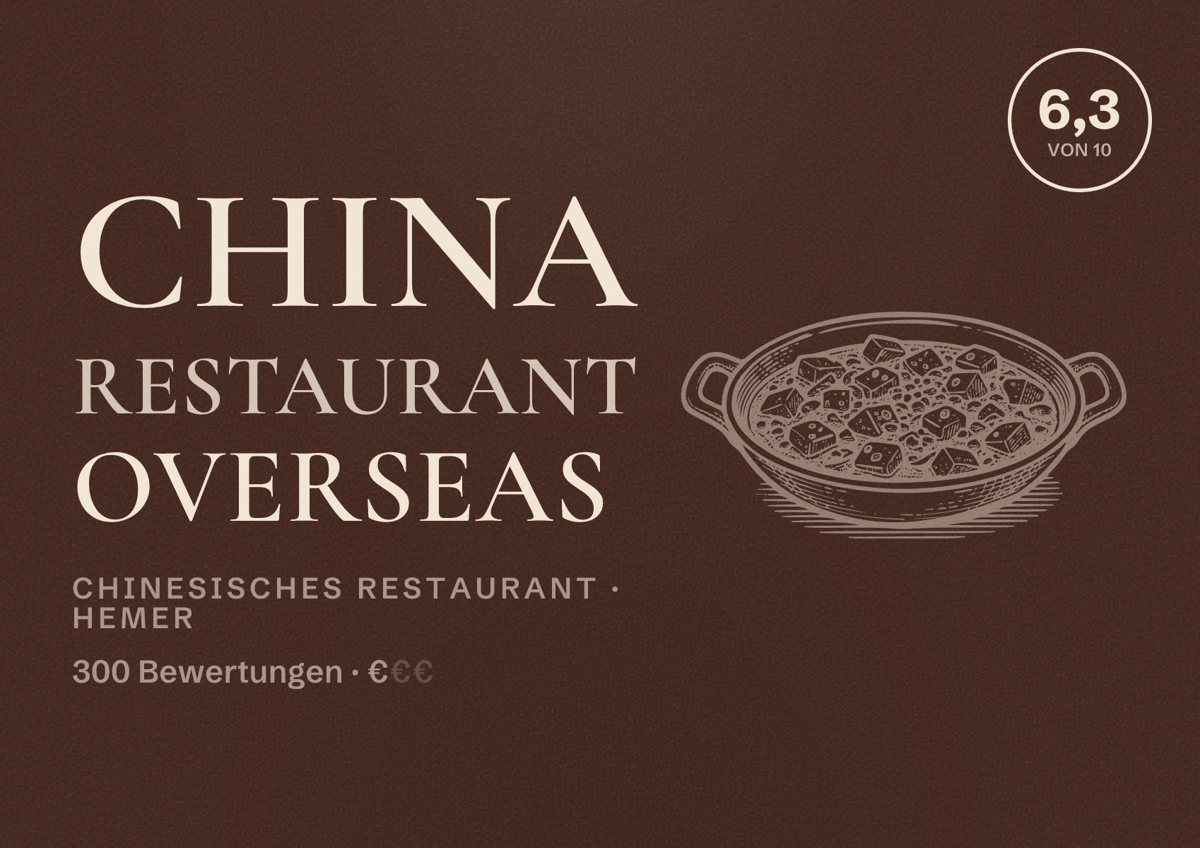 Illustriertes Poster von China Restaurant Overseas, Chinesisches Restaurant in Hemer: Bewertung 6,3 von 10 aus 300 Bewertungen, Preisniveau €