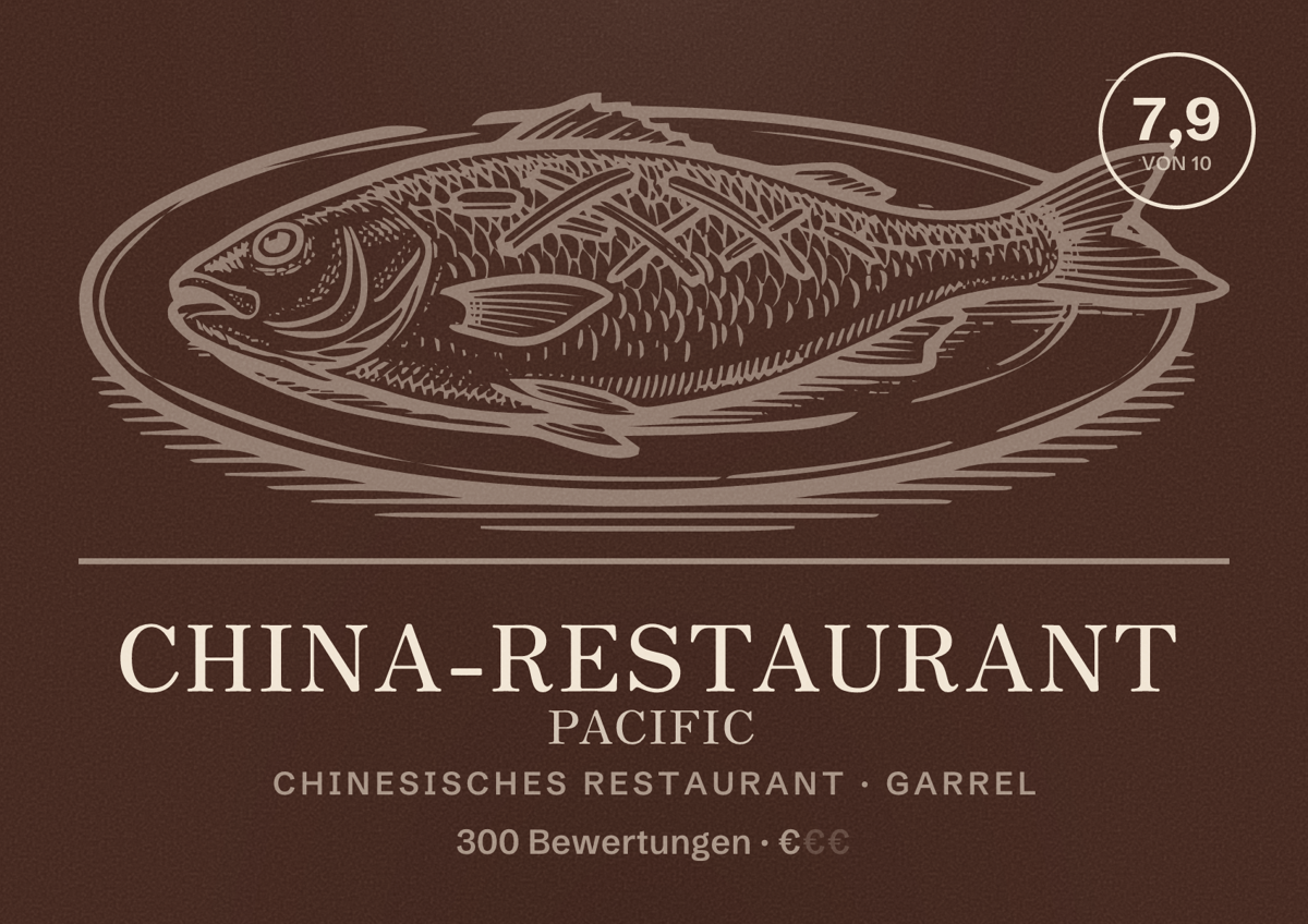Illustriertes Poster von China-Restaurant Pacific, Chinesisches Restaurant in Garrel: Bewertung 7,9 von 10 aus 300 Bewertungen, Preisniveau €