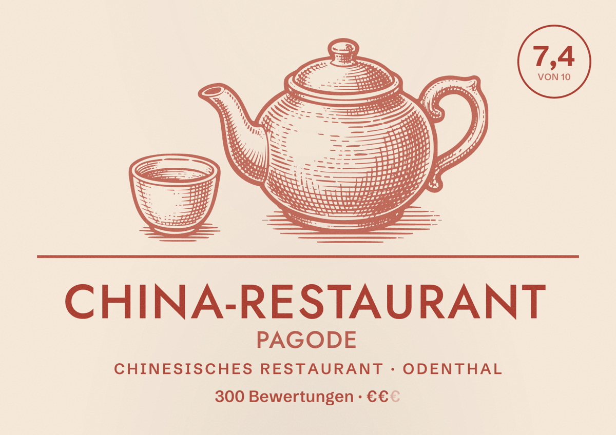 Illustriertes Poster von China-Restaurant Pagode, Chinesisches Restaurant in Odenthal: Bewertung 7,4 von 10 aus 300 Bewertungen, Preisniveau €€