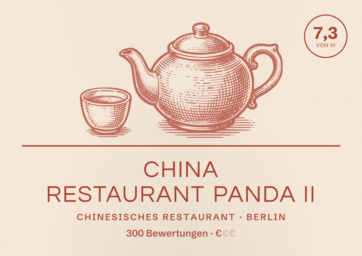 Illustriertes Poster von China Restaurant Panda II, Chinesisches Restaurant in Berlin: Bewertung 7,3 von 10 aus 300 Bewertungen, Preisniveau €