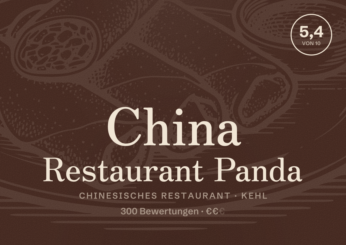Illustriertes Poster von China Restaurant Panda, Chinesisches Restaurant in Kehl: Bewertung 5,4 von 10 aus 300 Bewertungen, Preisniveau €€