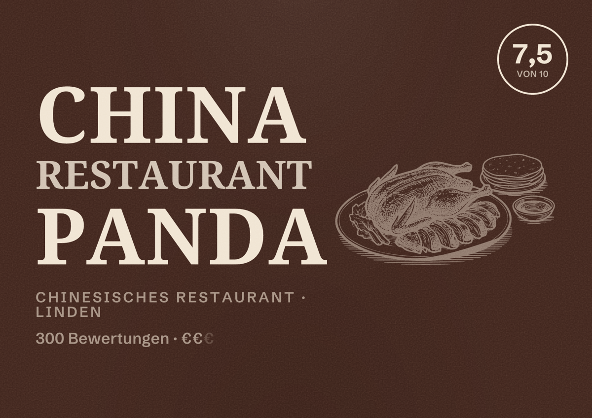 Illustriertes Poster von China Restaurant Panda, Chinesisches Restaurant in Linden: Bewertung 7,5 von 10 aus 300 Bewertungen, Preisniveau €€